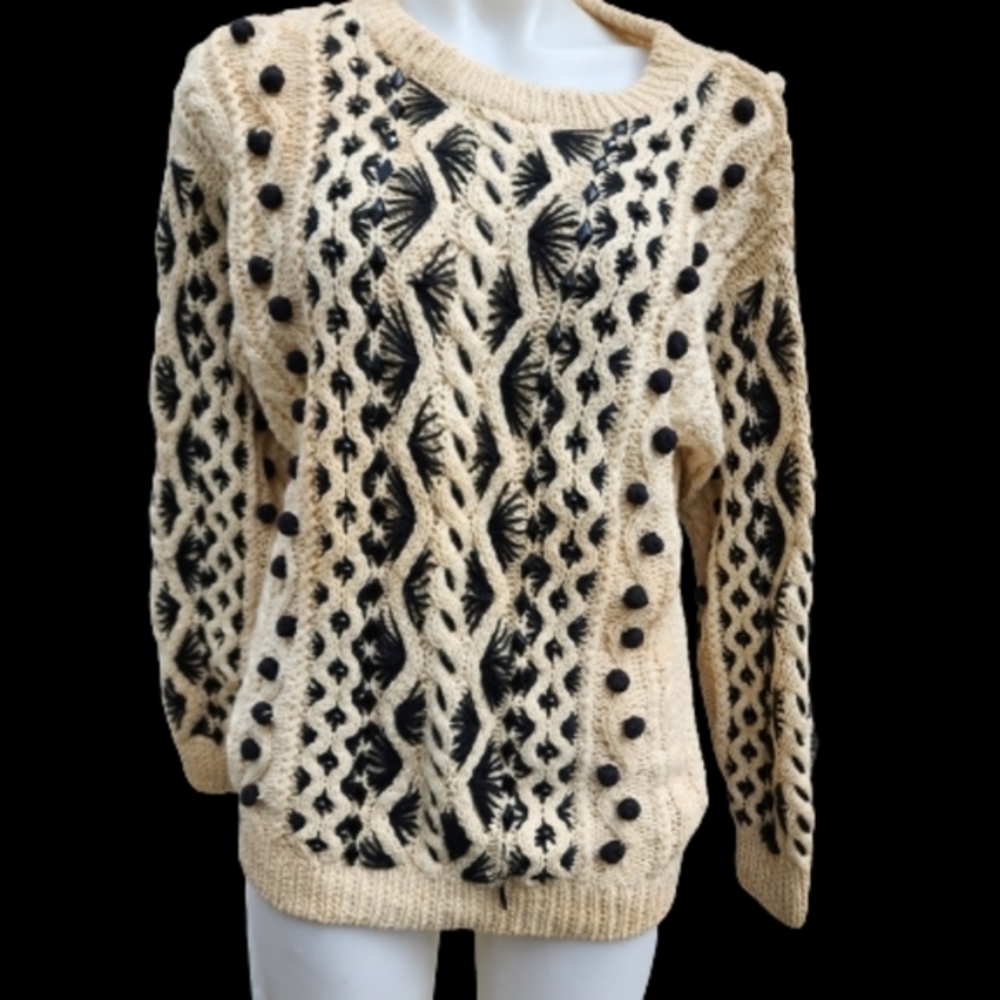 Vintage Cotton Ramie Popcorn Cable Knit Sweater Black Cream M/L - Picture 16 of 16